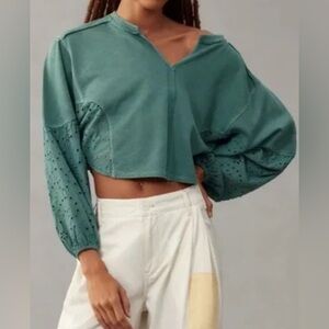 Anthropologie Pilcro Batwing Eyelet Top Medium Sage Green Cropped EUC